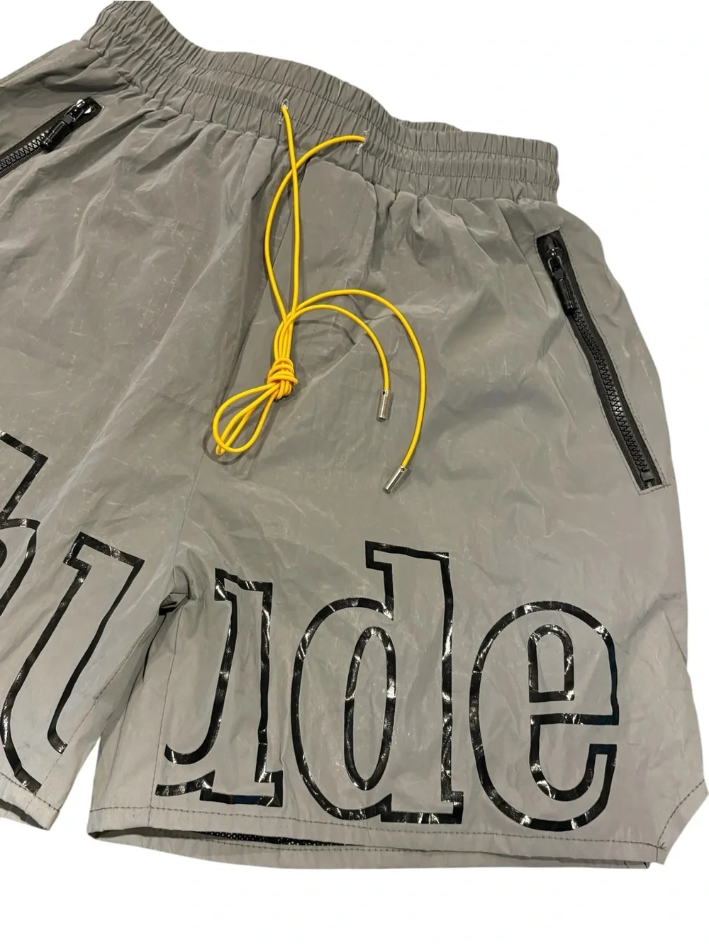Rhude Men's Gray Logo Swim Shorts with Yellow Drawstring S